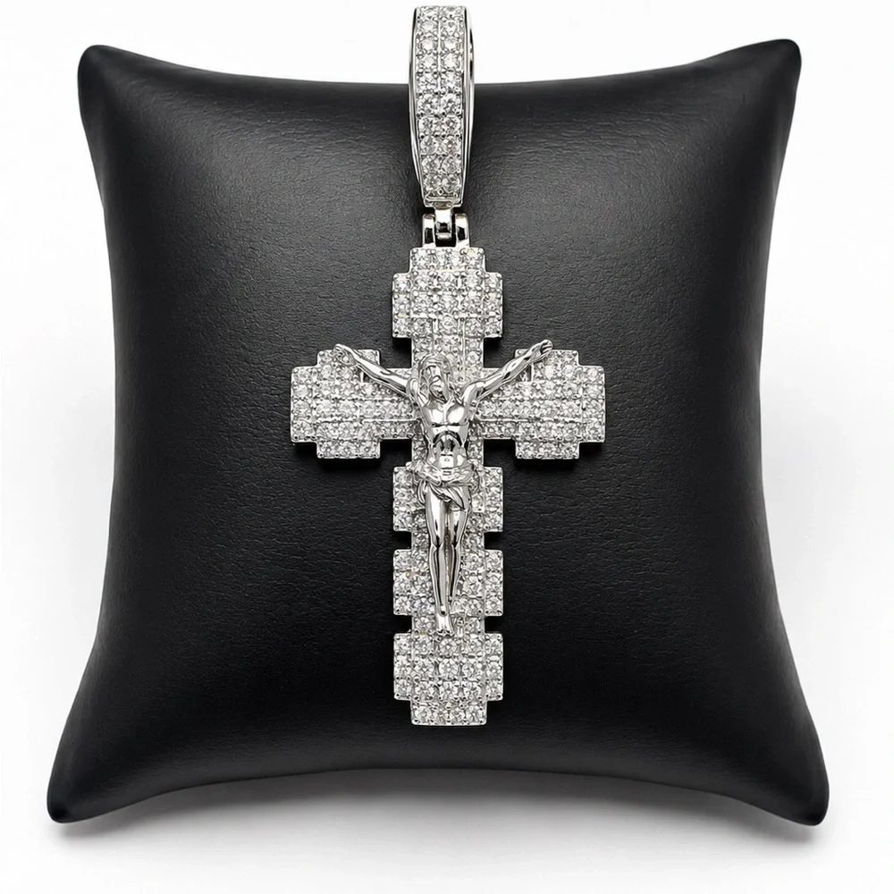 925 Sterling Silver 3.00CTW MOISSANITE Crucifix Cross Men’s Pendant